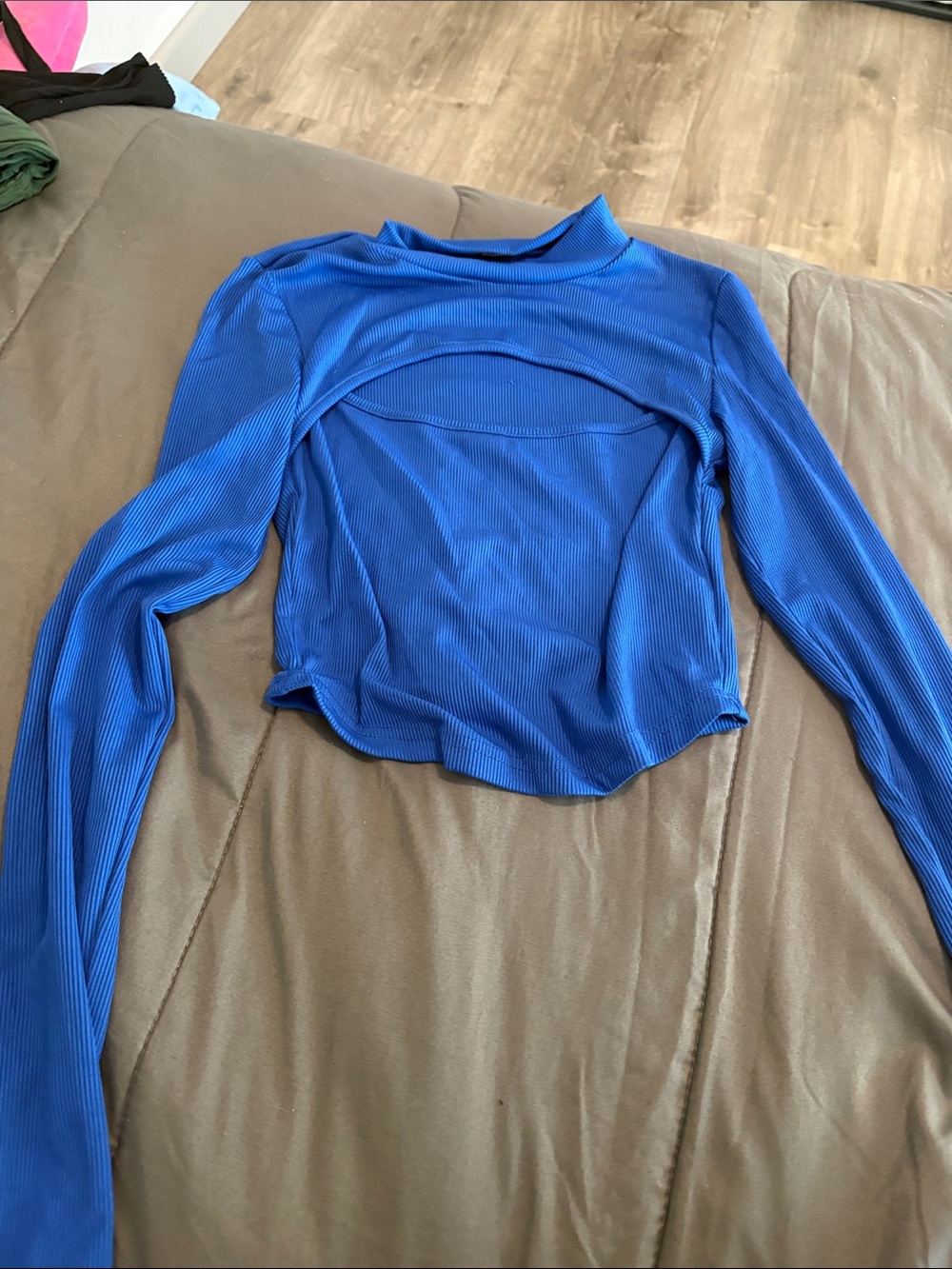 Blue Ribbed Long-Sleeve Crop Top